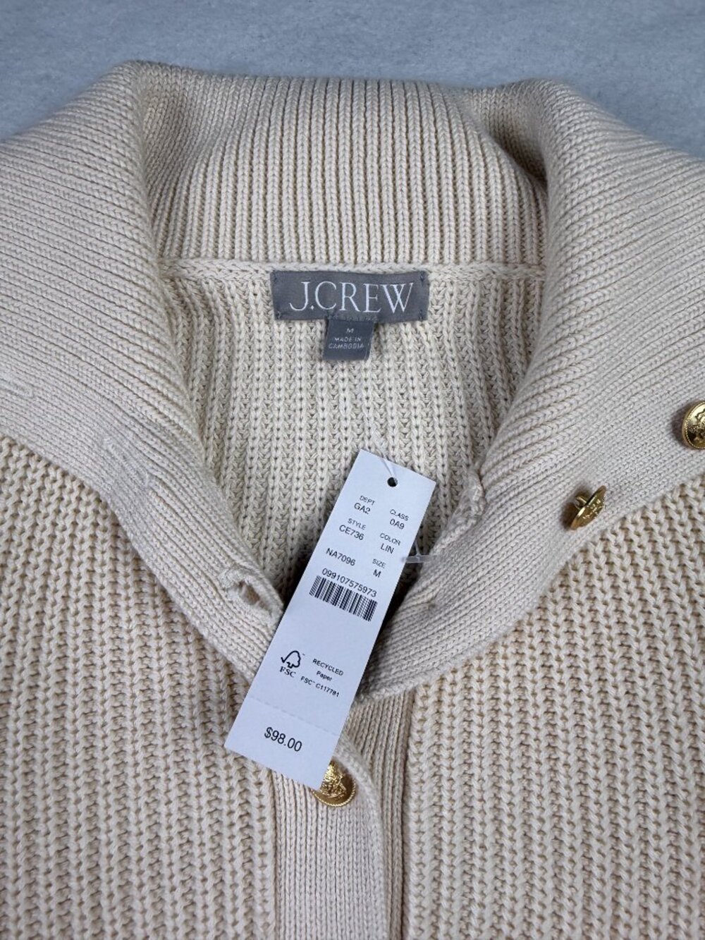 NEW J.Crew Cream Cotton Ribbed Gold Button Collar Sweater Size M - Picture 3 of 5